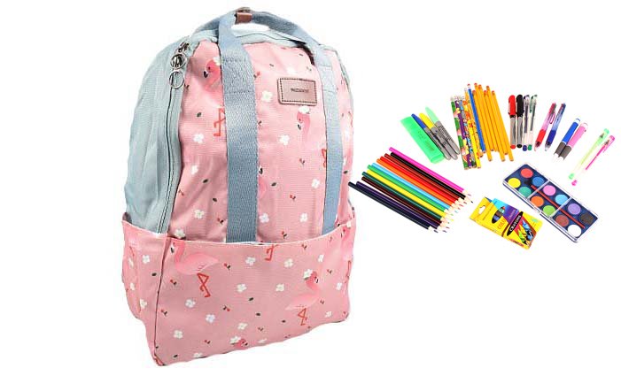 Batoh růžový s plameňáky s náplní školních potřeb